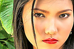 Long Black Hair Intense Look Playing With Red Dress